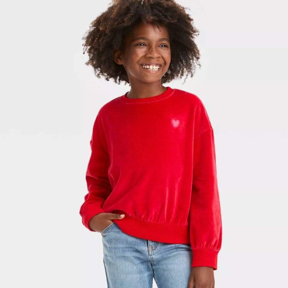 NWOT Velour Red Valentine's Day Mini Heart Embroidered Pullover Sweatshirt